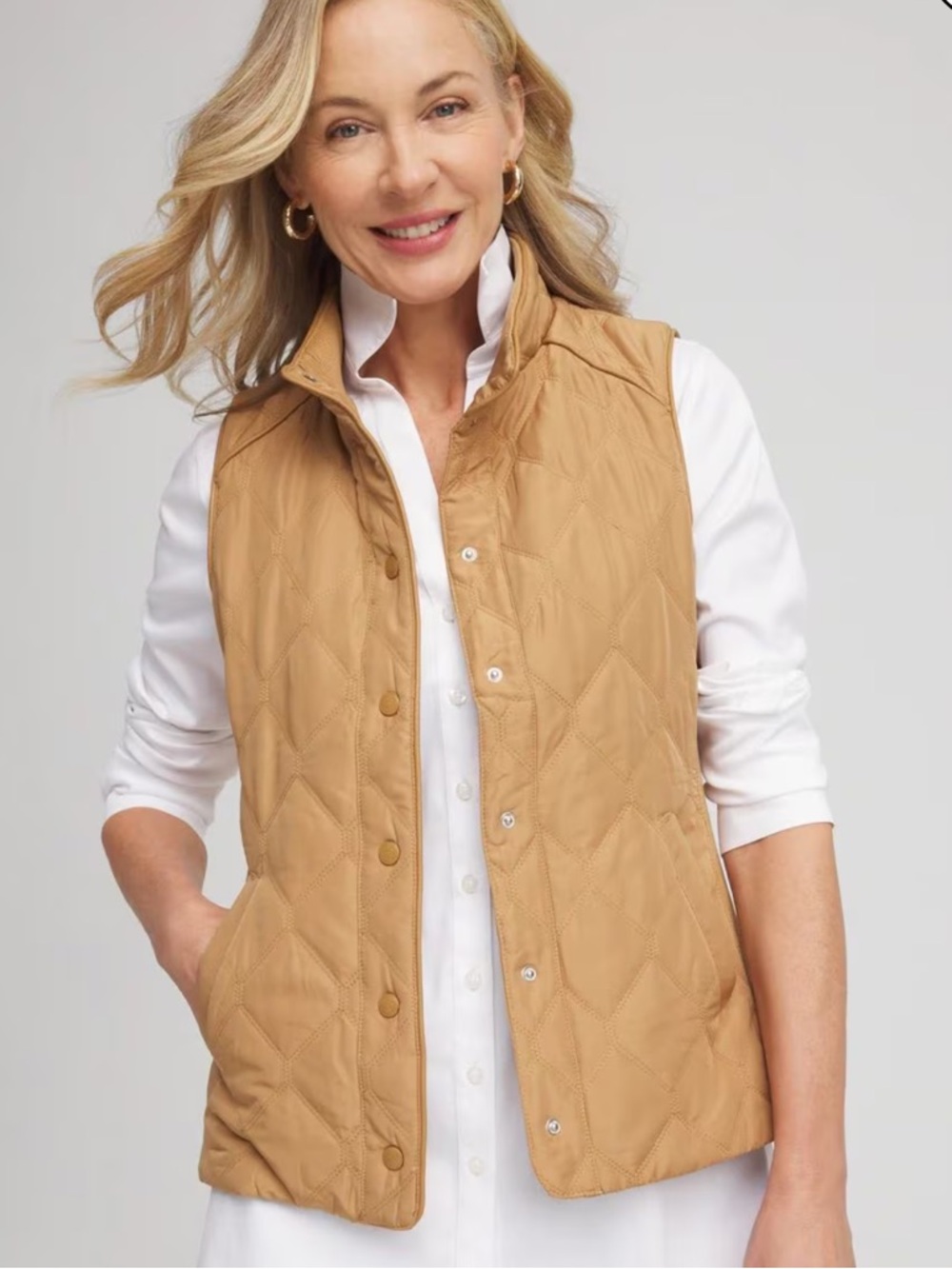 Chico's Rib Trim Quilted Camel Tan Vest